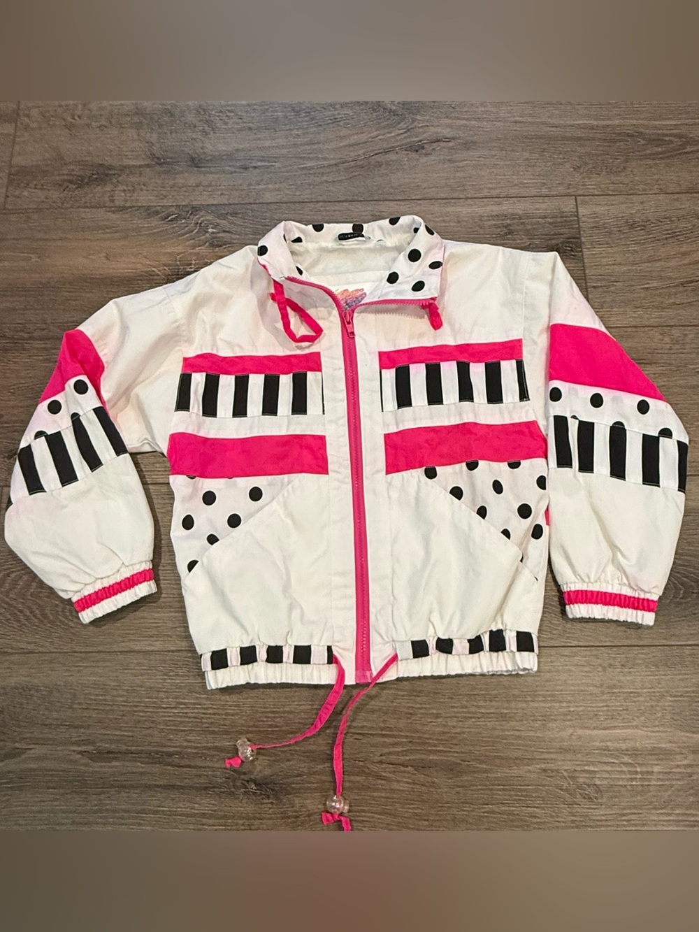 Vintage 80’s Girls Color block, Polka Dot, Hot Pink Trim Windbreaker Jacket